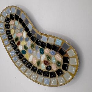 Vintage Pebbled Colored Tile Trinket Dish Silvertone Bottom